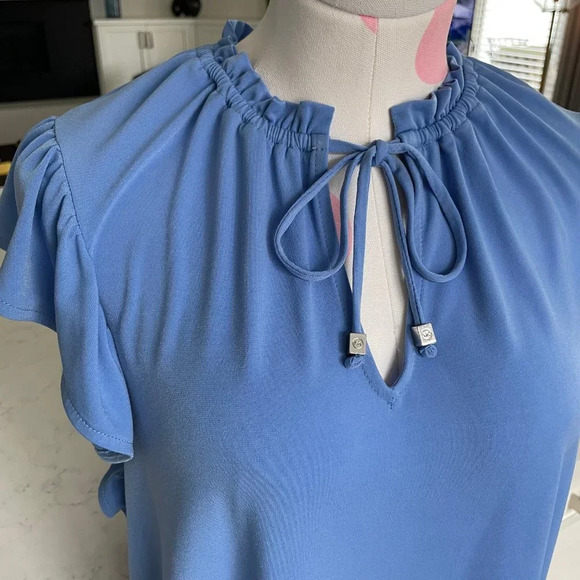 Michael Kors Sweet Flounce Sleeve w Gathered Neckline Dress Blue Sz M NWOT - Picture 3 of 12